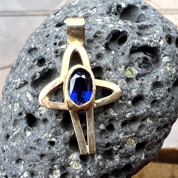 Blue Sapphire Cross Pendant Solid 14K Gold, September Birthday - no chain - Picture 6 of 9